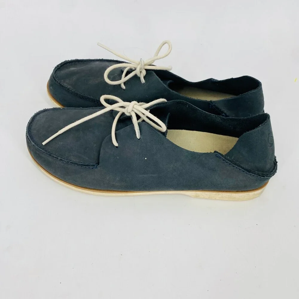 Olukai Navy Gray Leather Boat Shoes Men’s 9 Slip On Casual Deck Loafers
